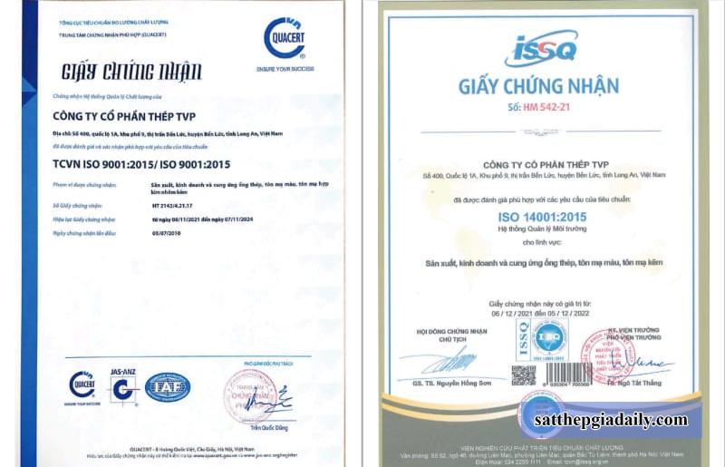 Chứng nhận chất lượng ISO 9001 và ISO 14001 của nhà nhà máy thép TVP